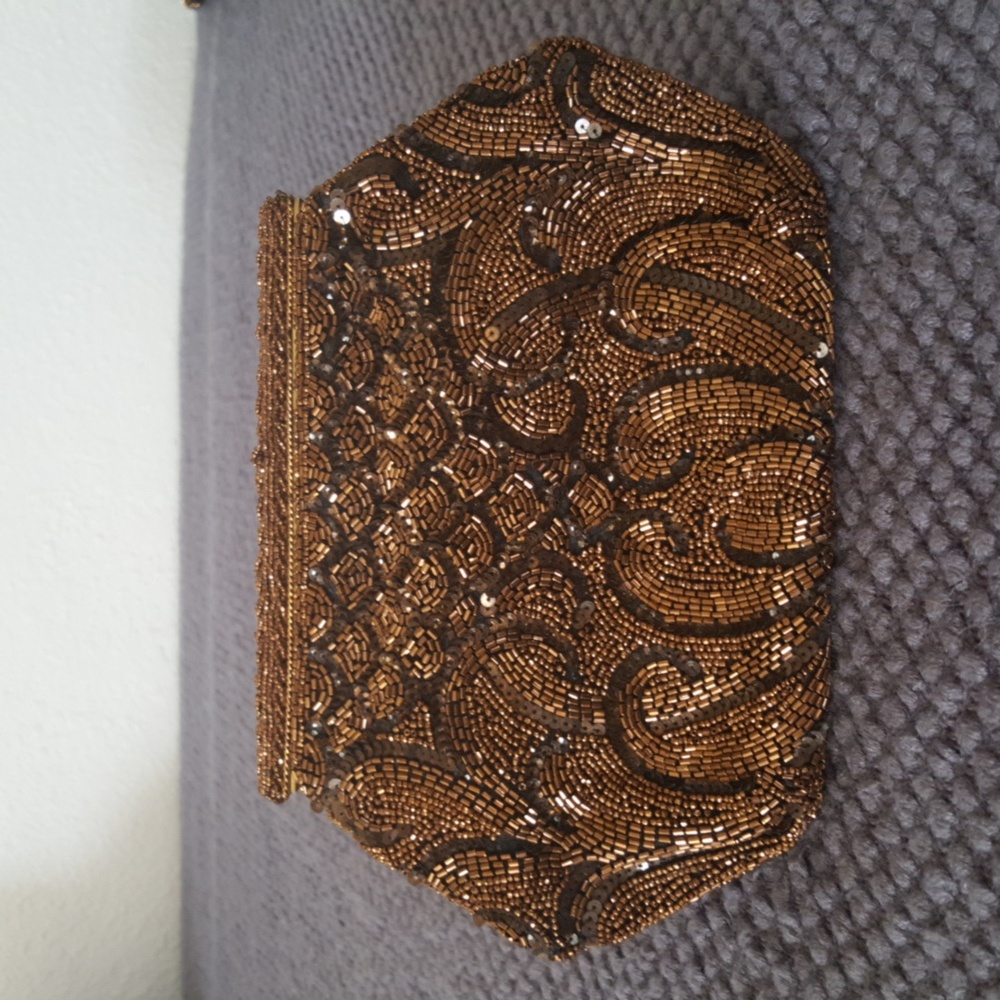 1960s Vintage Josef Hand Beaded in France Tan Brown Sparkly Clutch